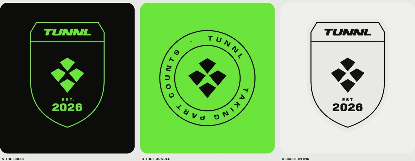 The crest, the roundel and the crest in ink. The year is stacked so 2026 still reads when the crest is small.